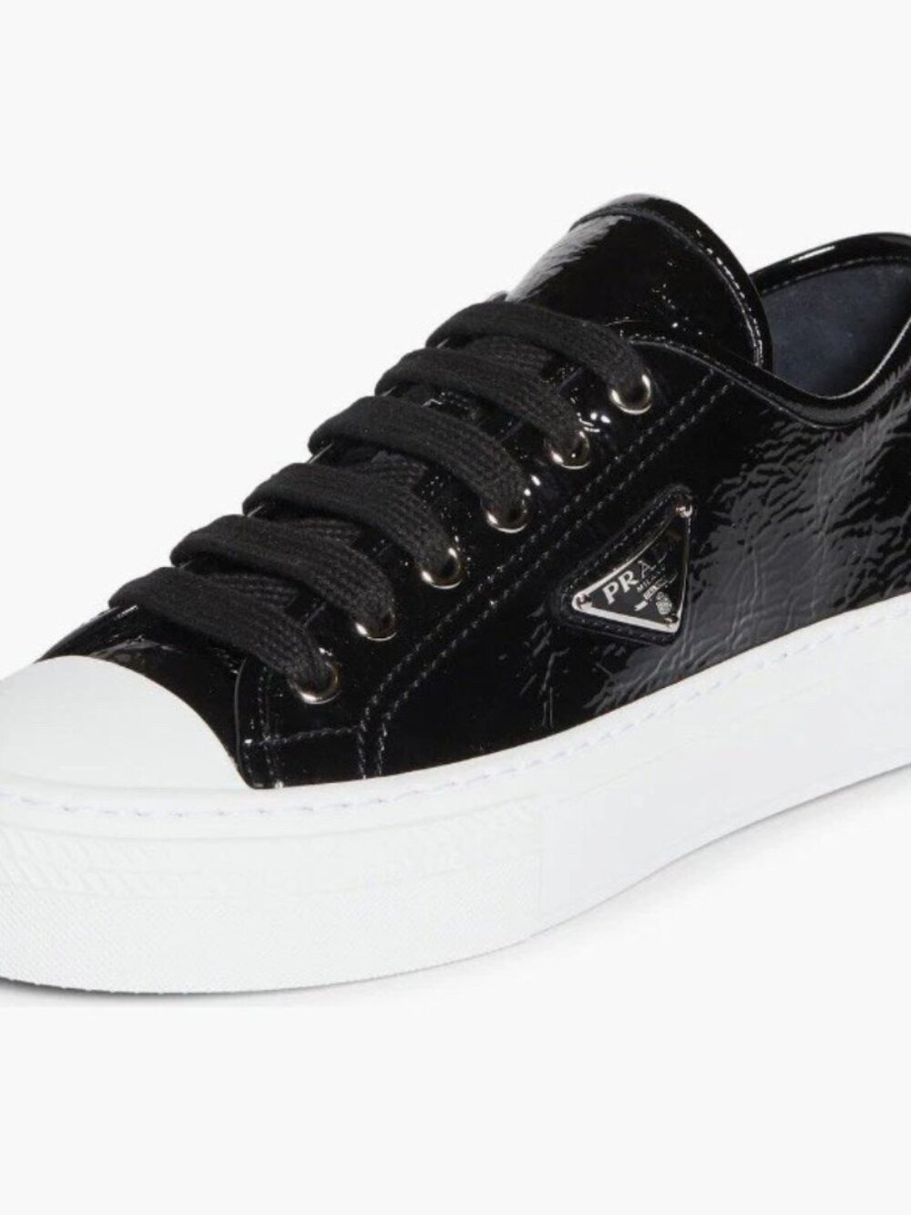 NIB $1070 Prada Naplak Nero/Black Patent Leather Sneakers in size 38.5